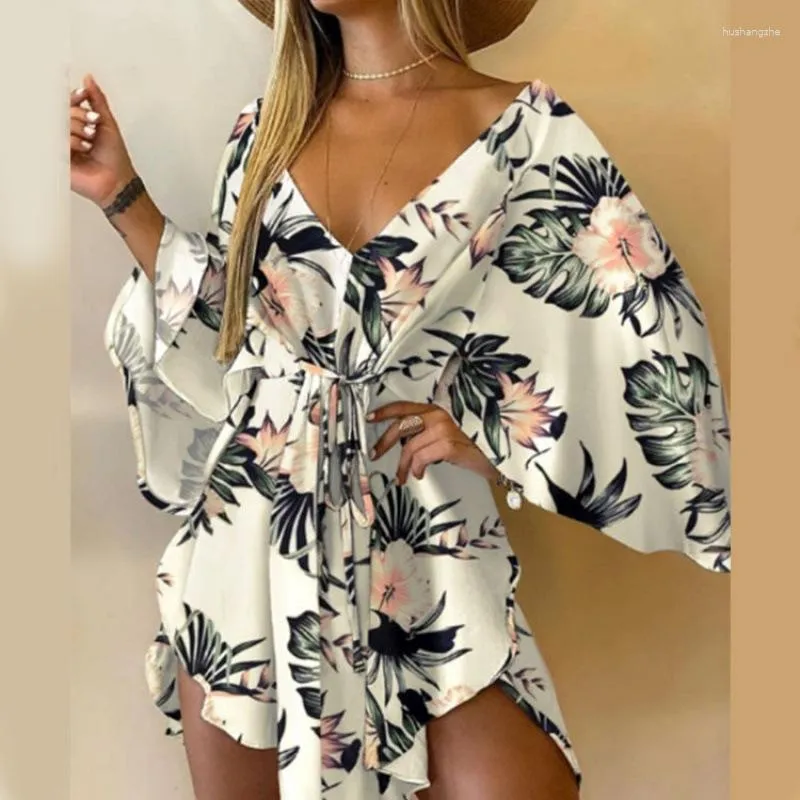 Elegant and Sexy V-Neck Summer Beach Floral Print Flared Sleeves Party Dress for Women