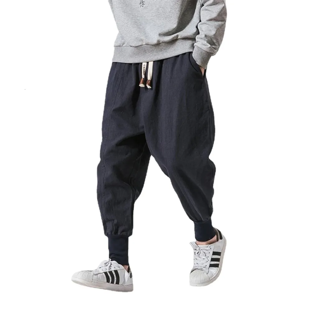 Pantalons pour hommes pur coton lin sarouel hommes solide taille élastique vêtements de rue jogger sac entrejambe décontracté 230720