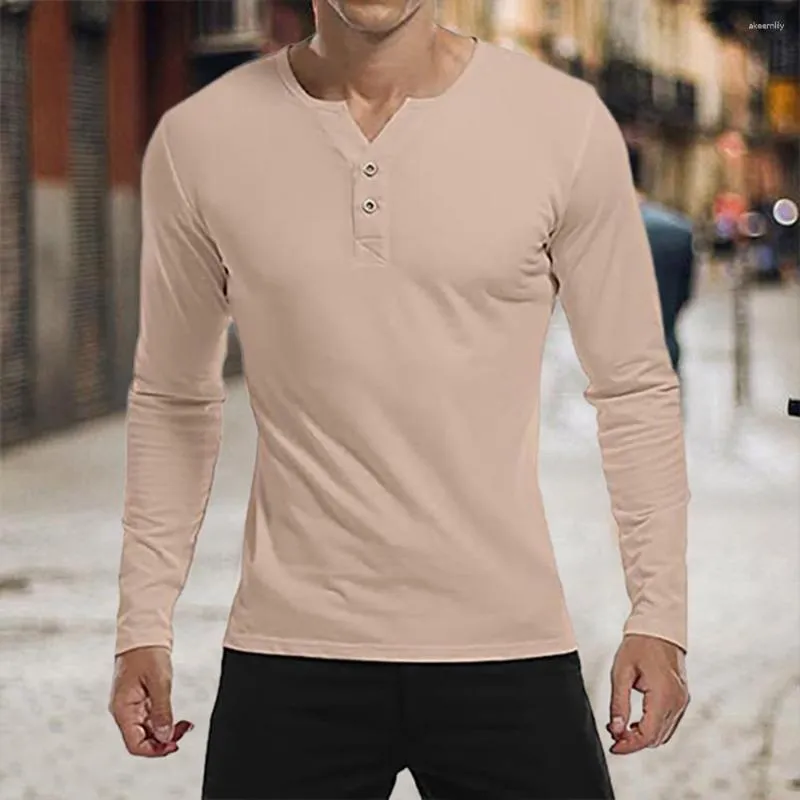 Camisetas masculinas Camiseta masculina de outono mangas compridas decote em V ajuste fino botões de cor sólida macio respirável pulôver Henley comprimento médio masculino primavera bo