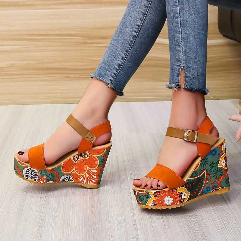 Ethnic Floral Cloth Wedge Sandals For Women 10cm Wedge Heel Shoes