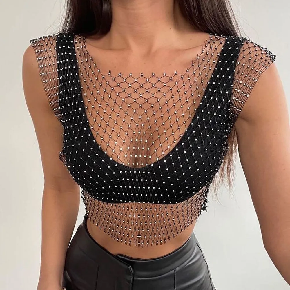 Herren T-Shirts Frauen Mesh Rückenfreies Crop Top Sexy Ärmelloses Fischnetz Diamant Hollow Out Durchsichtiges Party Kurzes Top 230719