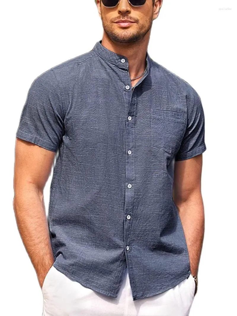 Camisas casuais masculinas JIERAN EEWOLDIA camisa de praia com gola listrada de linho de algodão e manga curta