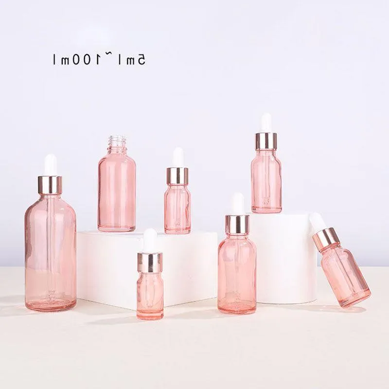 Wholesale Empty Essential Oil Bottle 5ml 10ml 15ml 20ml 30ml 50ml 100ml Rose Gold Lids Pink Glass Dropper Bottles For Cosmetics Qlgki