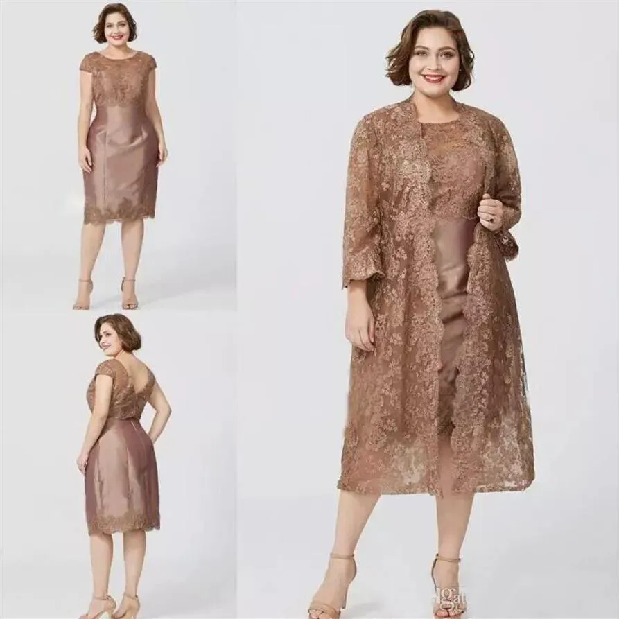 Elegante Plus Size Renda Vestidos Mãe da Noiva Jaqueta Ilusão Jóias Apliques Manga Comprida Bainha Mãe Vestidos Formais Joelho 191u