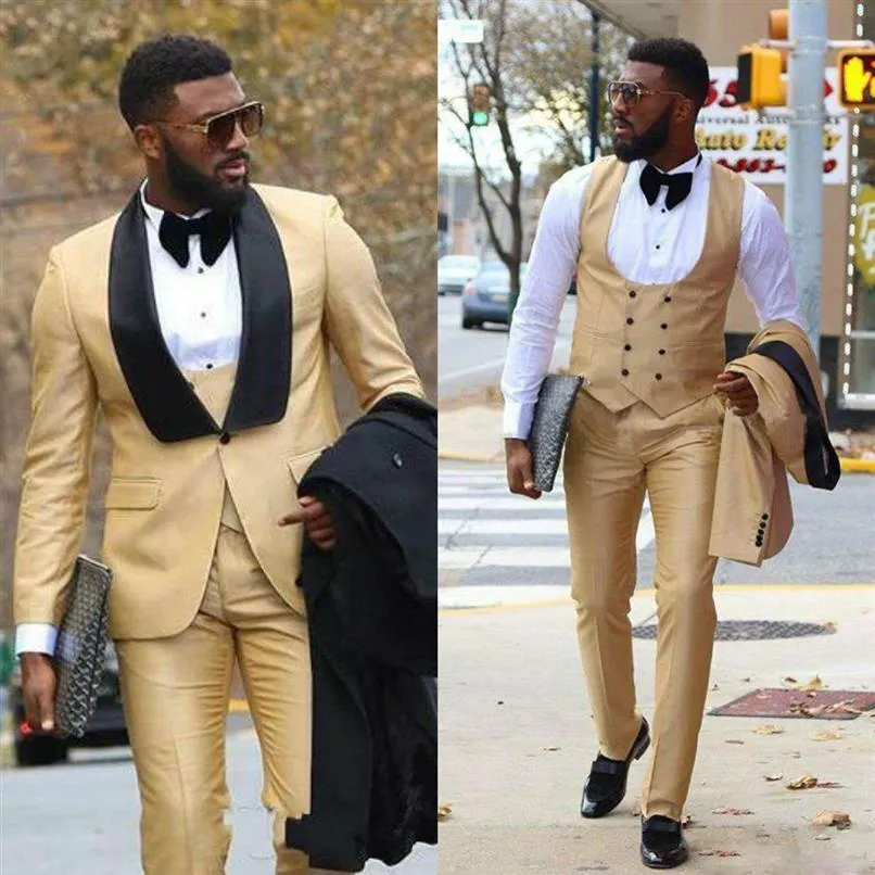 Chic Gold Three Pieces Mens Prom Suits Groomsmen Wedding Tuxedos för män Blazers sjal Lapel One Button Formal Suit With Jacket PA236V
