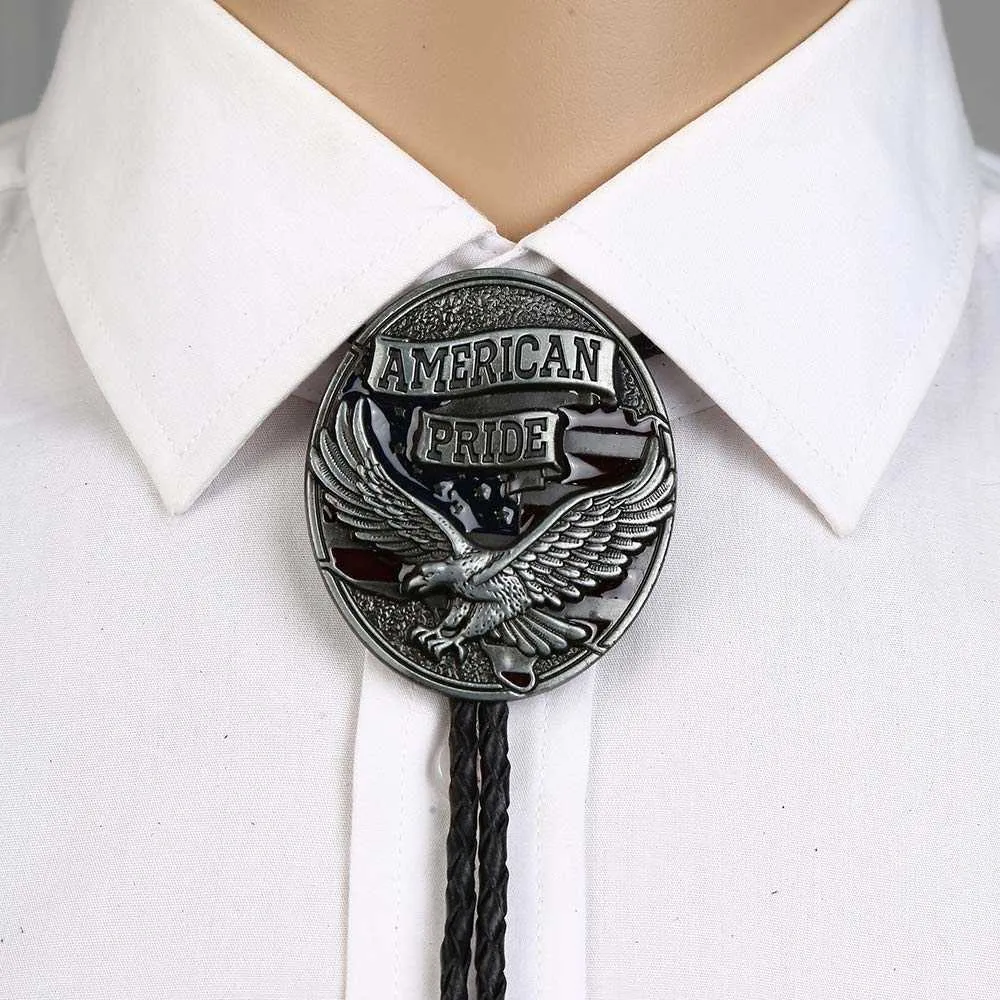 Bolo Ties America pride bolo tie for man cowboy western cowgirl lather rope zinc alloy necktie HKD230719