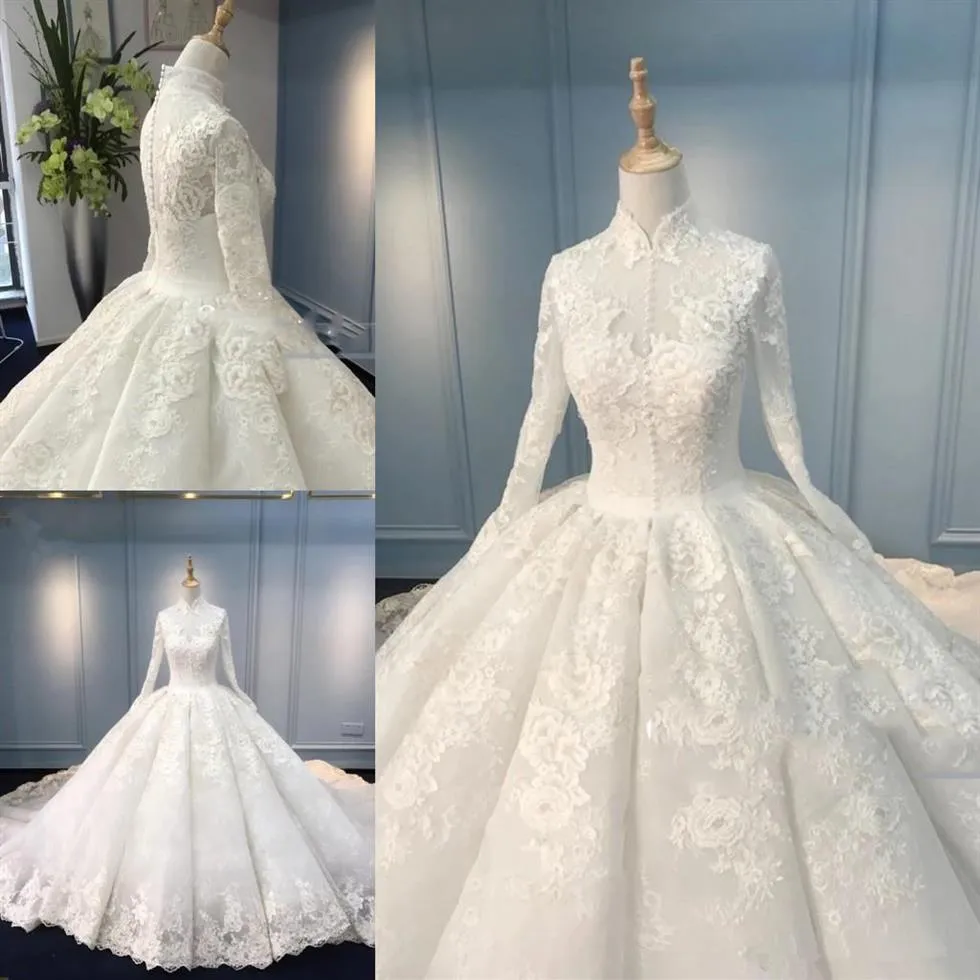 Suknie ślubne Muzułmańskie wysokie szyi ręcznie ręcznie robione aplikacje koronkowe suknie balowe suknie ślubne vestido de nova niestandardowe Plus 2916