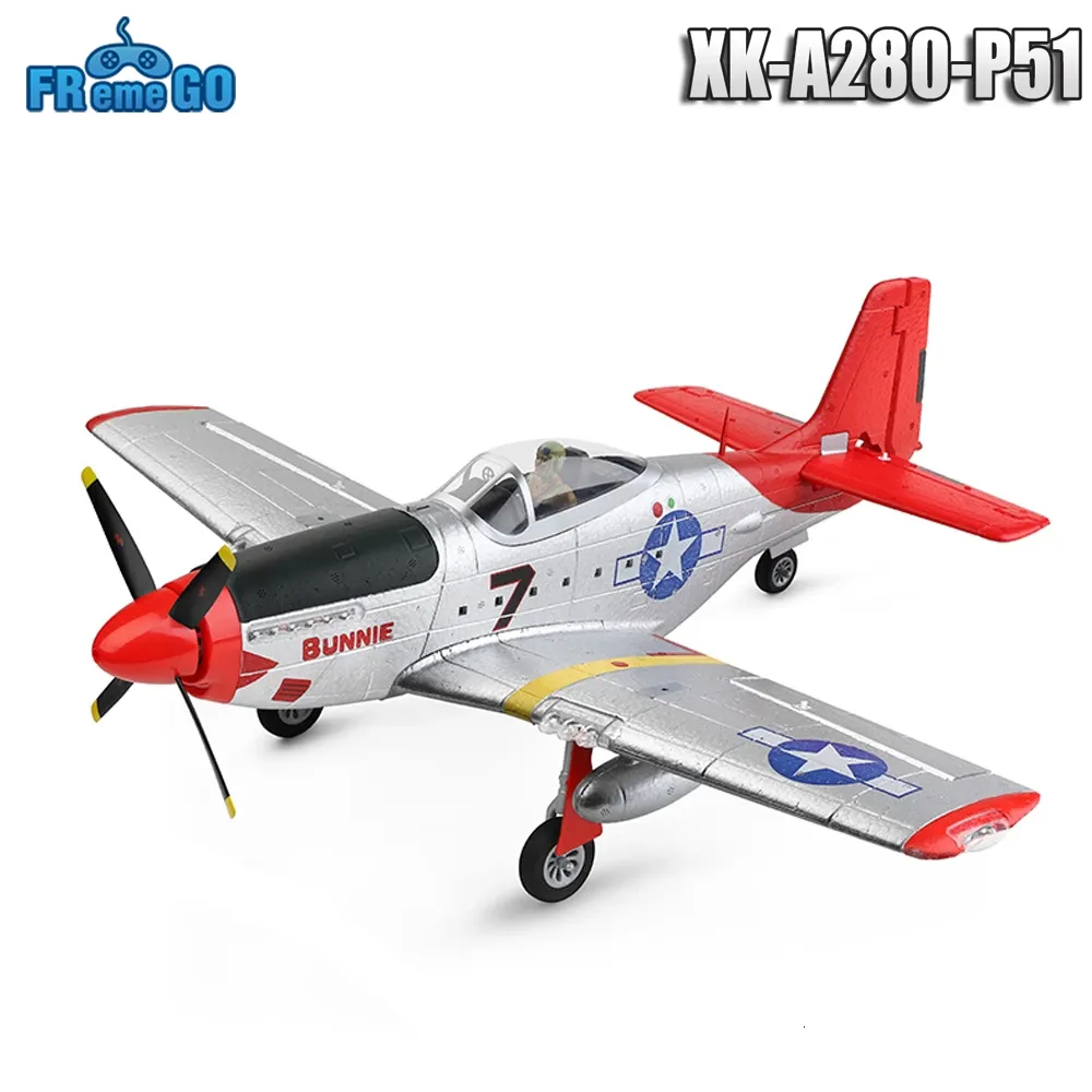 Aeronave Modle XK A280 RC PLANO 2 4G 4CH 3D6G Modo P51 Simulador de caça com brinquedos de avião de busca LED para crianças adultos 230719