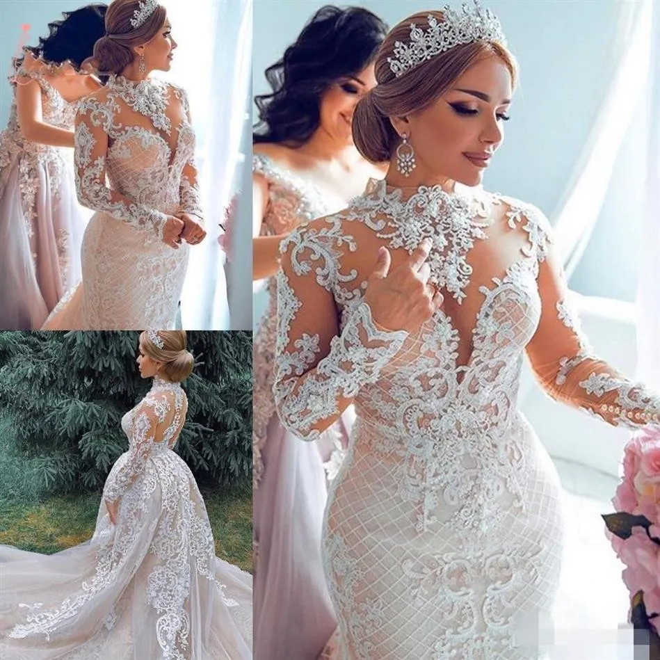 Prachtige Lange Mouwen Trouwjurken Bruidsjurk met Afneembare Sleep Hoge Hals Kralen Illusion Custom Made Vestido de novia 2022548