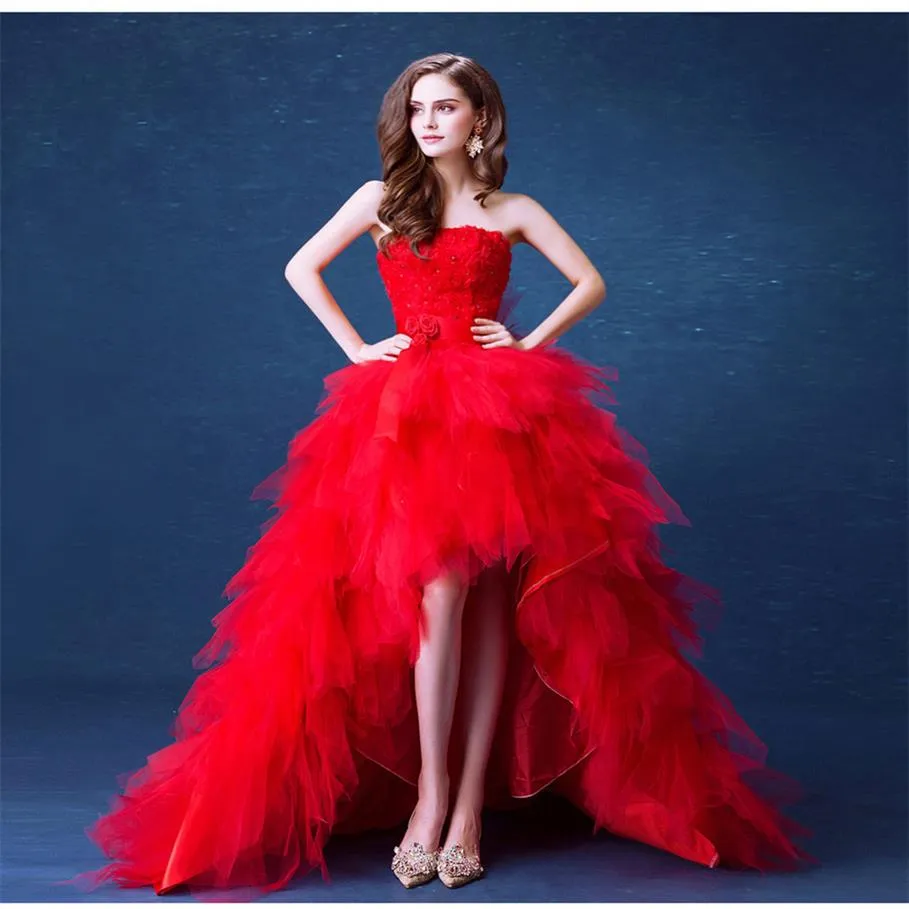 Red High Low Wedding Dresses with Feather and Flowers 2019 Sweep Train Wedding Gowns Vestido De Novia308f