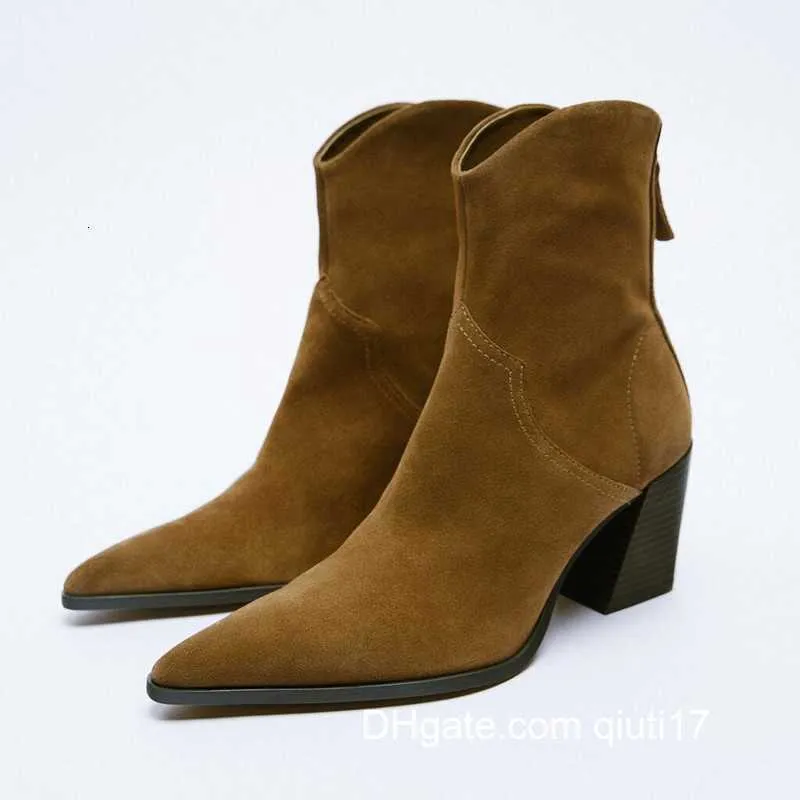 Botas Mujer Tacones altos Tacón Vaquero Tobillo TRAF Otoño Moda Punta estrecha Tacón Chunky Mujer Zapatos Marrón 230214 Z230720