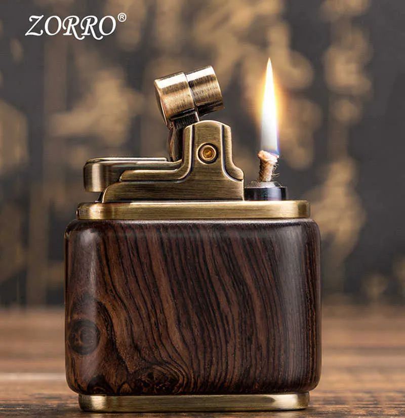 Encendedor de queroseno de cobre puro Zorro. Encendido hecho a mano con carcasa de madera. Viejo nostálgico sándalo ébano encendedor hombres fumar regalo LYI4