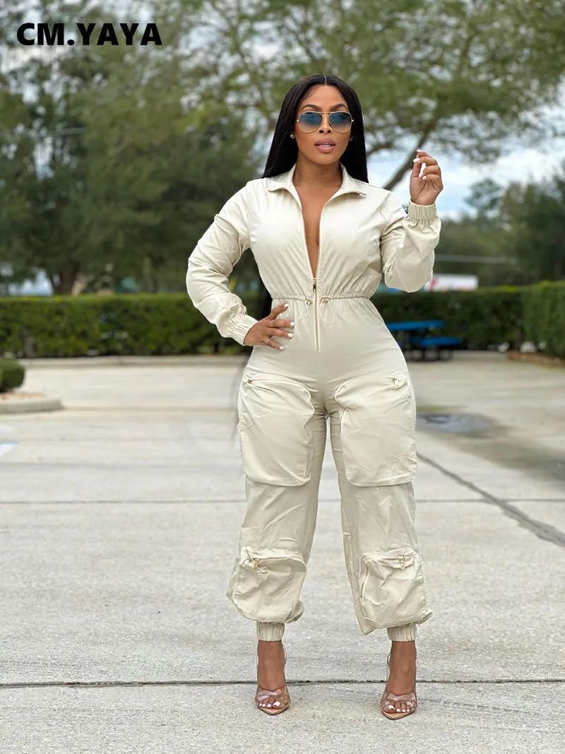 Women's Jumpsuits Rompers CM.YAYA Fashion Women Pocket Front Zipper Fly Long Sleeve Elastic Waist Cargo Jumpsuit Street Safart Style Suit 230719