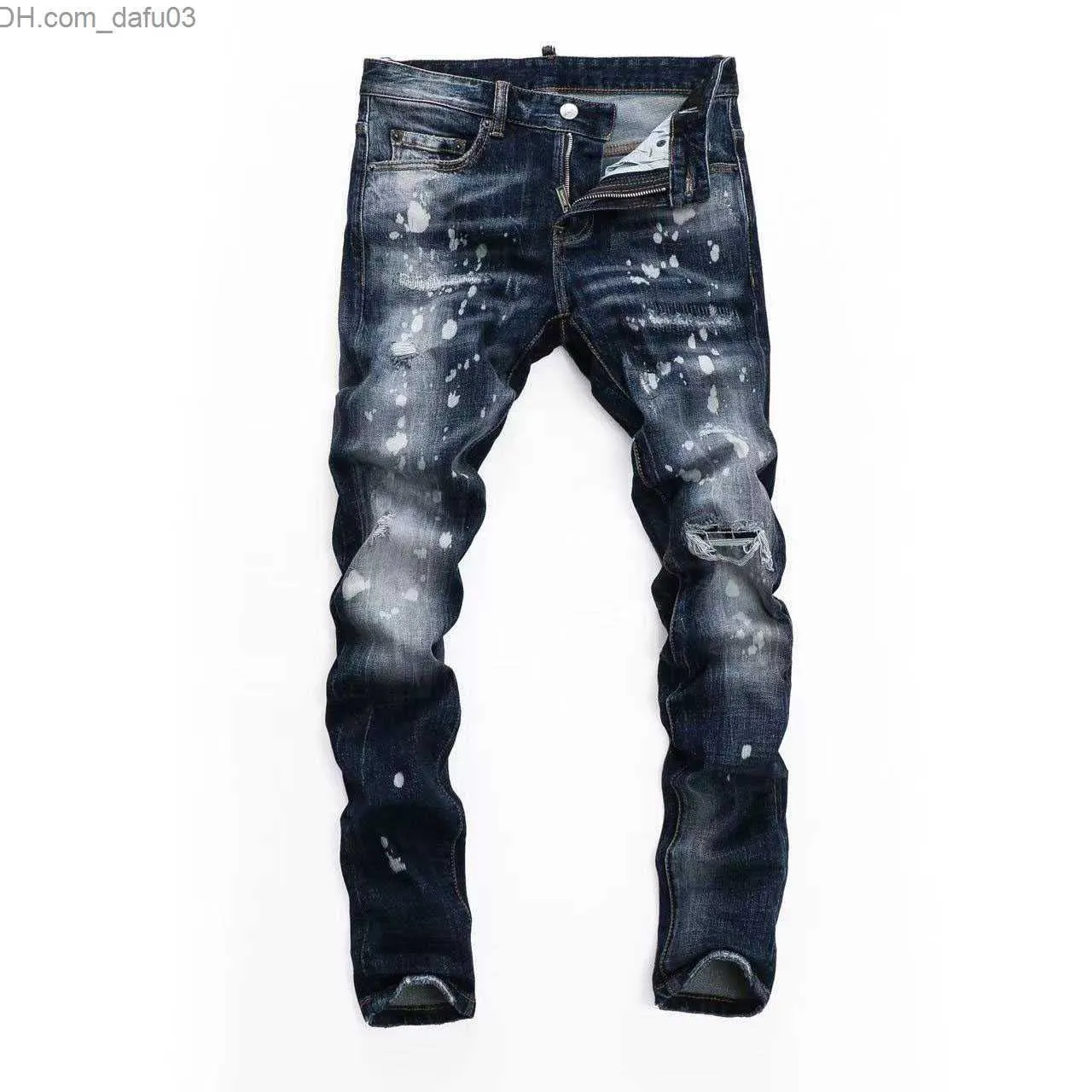 Jeans masculino Calça jeans skinny lavagem clara rasgada longa azul motocicleta rock Z230720