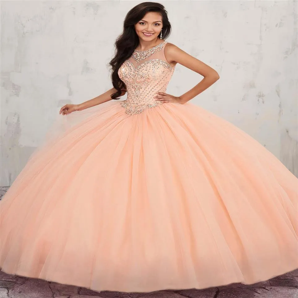 Lüks Boncuk Kristal Tatlı 16 Elbiseler Yeni Peack Pembe Bal Balo Elbise Quinceanera Elbiseler Anahtar deliği Geri Sevgilim Puffy Balo Parti Gowns267y