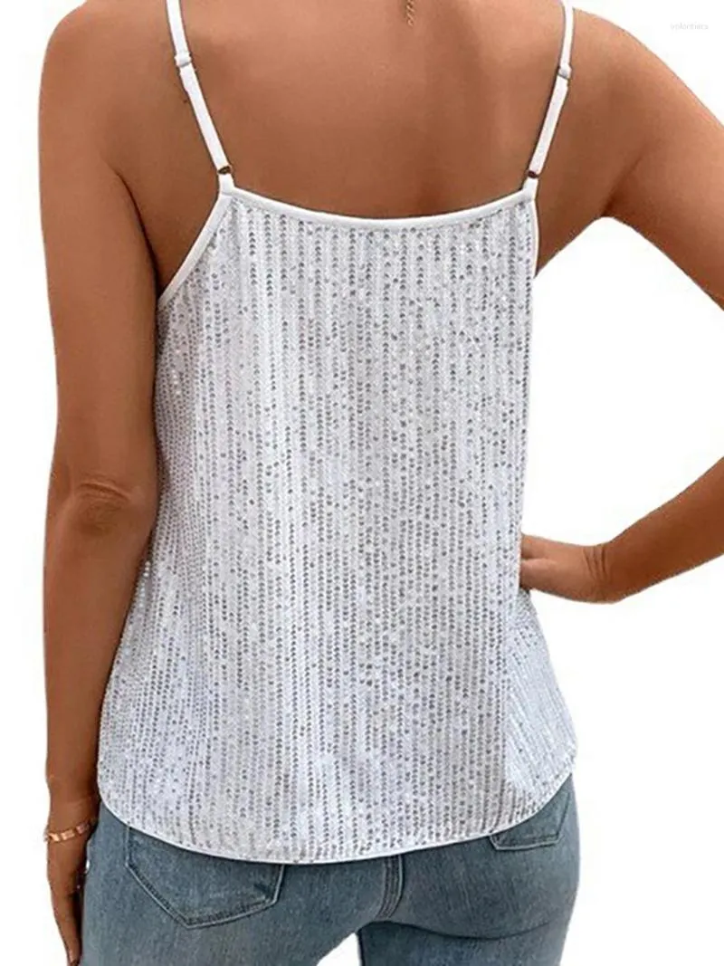 Women's T Shirts Women S Elegant Sequin Embellished V-Neck Camisole Tank Top With Adjustable Spaghetti Straps - Sparkling Shimmer Sleeveless
