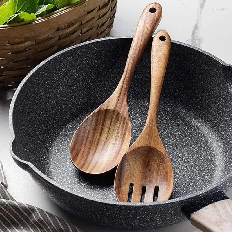 Spoons 2Pcs Wooden Salad Spoon Set Large Serving Fork Wood Kitchen Utensils Server Mixer Soup Ladle Tableware