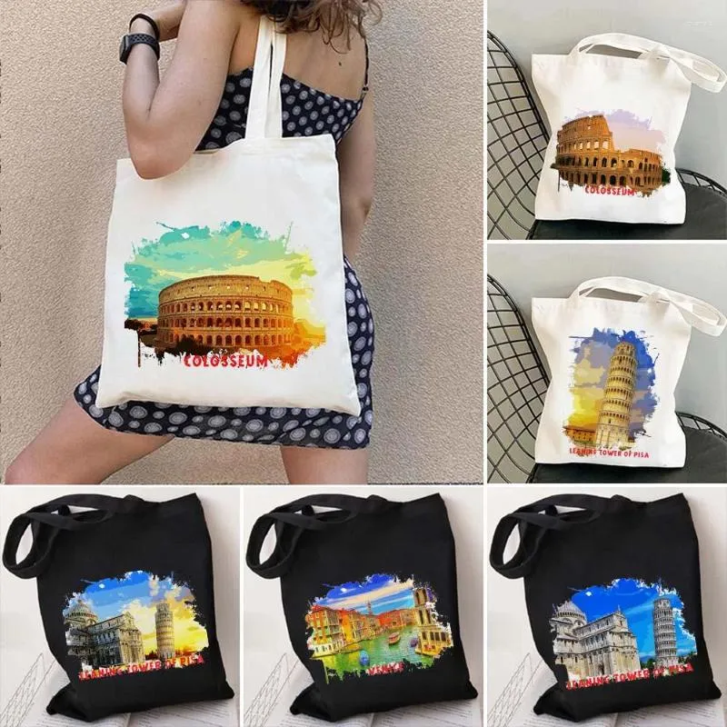 Borse da sera Torre di Pisa Colosseo Venezia Italia Acquerello Inchiostro Pittura a olio Borsa a tracolla in tela di cotone Borsa riutilizzabile Harajuku Shopper