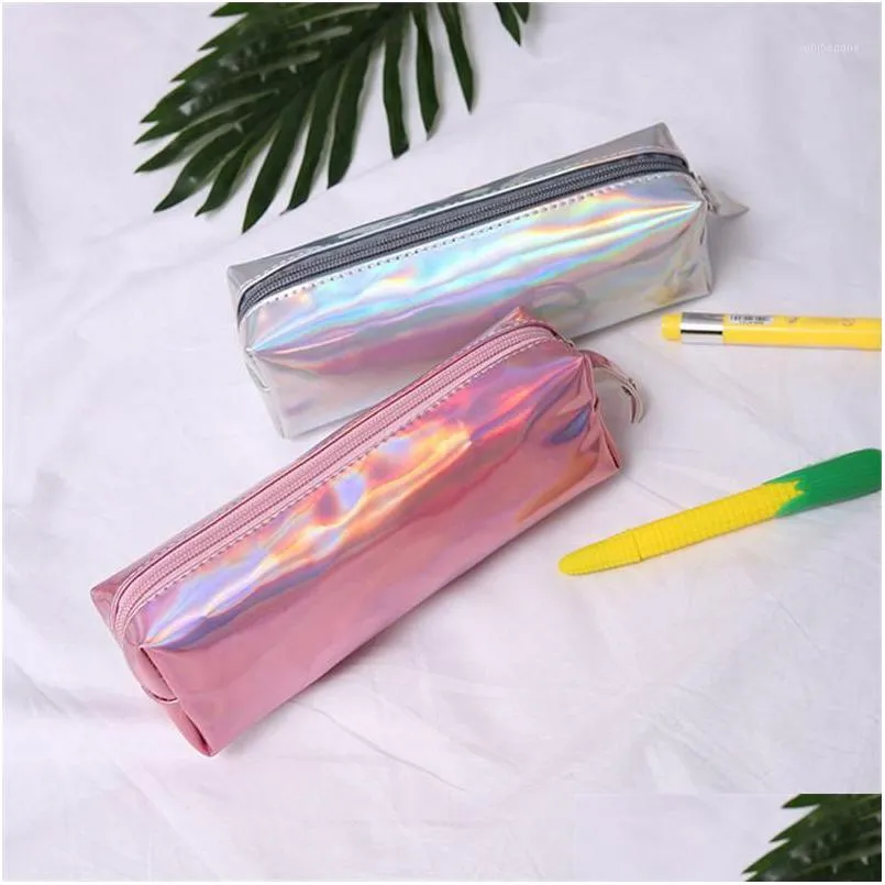 Potlood Zakken Pu Leer Holografische Hologram Metallic Kleur Laser Tas Tas Portemonnee Vrouw Cosmetica Make-up Handag Draagbare Grote Capaciteit Dhowj