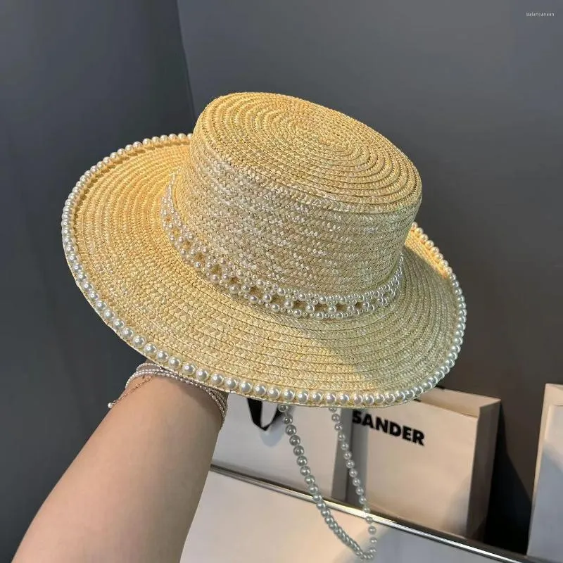 BERETS 202306-SHI INS Drop Summer Designer Style Full Pearl Chain Grace Handmade Straw Lady Fedoras Cap Women Panama Jazz Hat