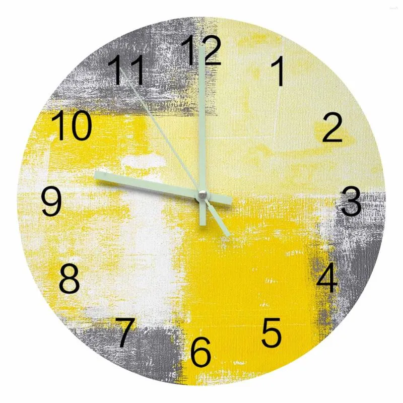 Wall Clocks Abstract Oil Painting Geometric Yellow Luminous Pointer Clock Home Ornaments Round Silent Living Room Decor