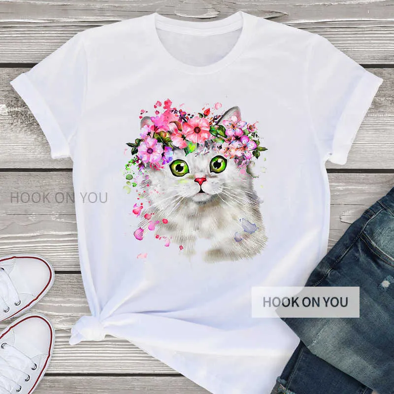 Süßes Blumen-Ring-Katze-Kurzarm-T-Shirt-Oberteil Mädchen-Muster-Kurzarm-T-Shirt Damen