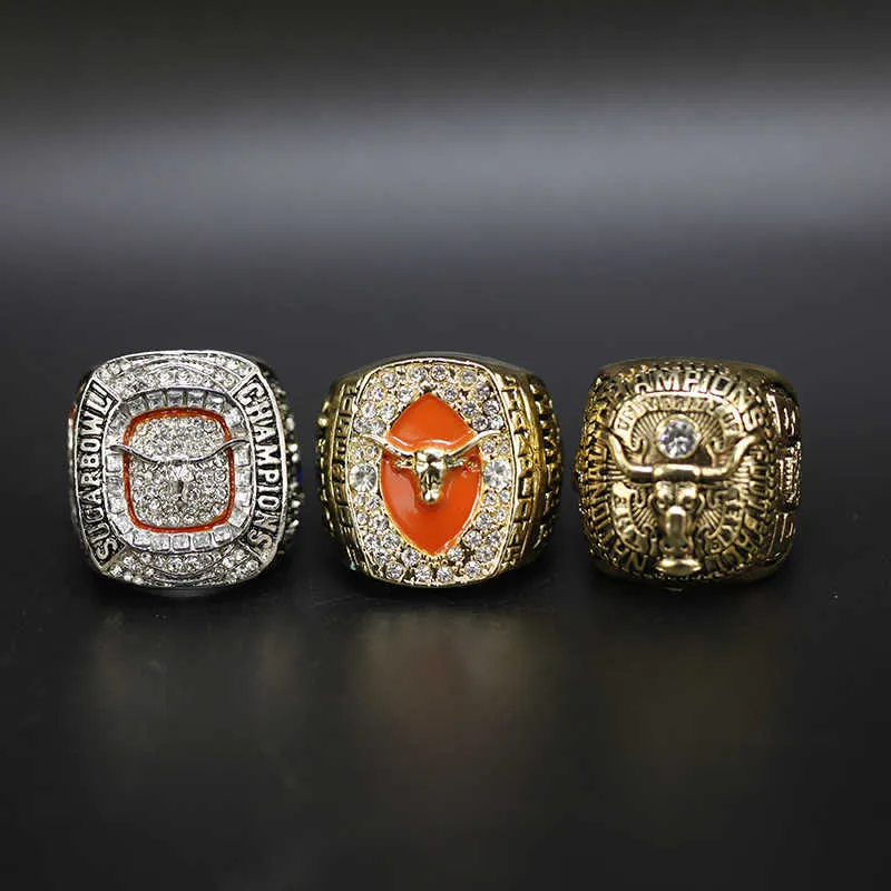 Klaster Rings 1969 2005 2018 Texas Longhorn University Rose Bowl Football Championship Pierścień 3-częściowy zestaw