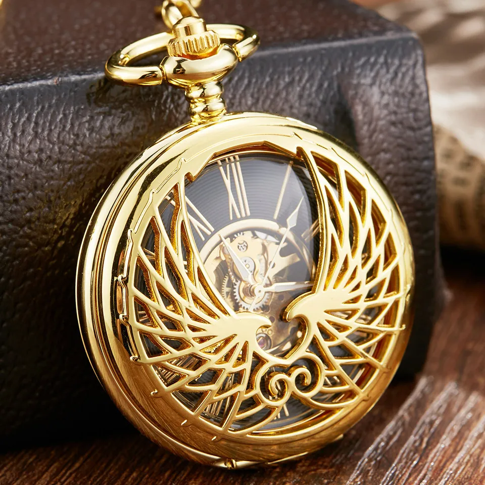 Pocket Watches Luxury Golden Love Wings Mechanical Pocket Watch Men Women Fob Chain Unique Hollow Design Skeleton Double Side Hand Winds 230719