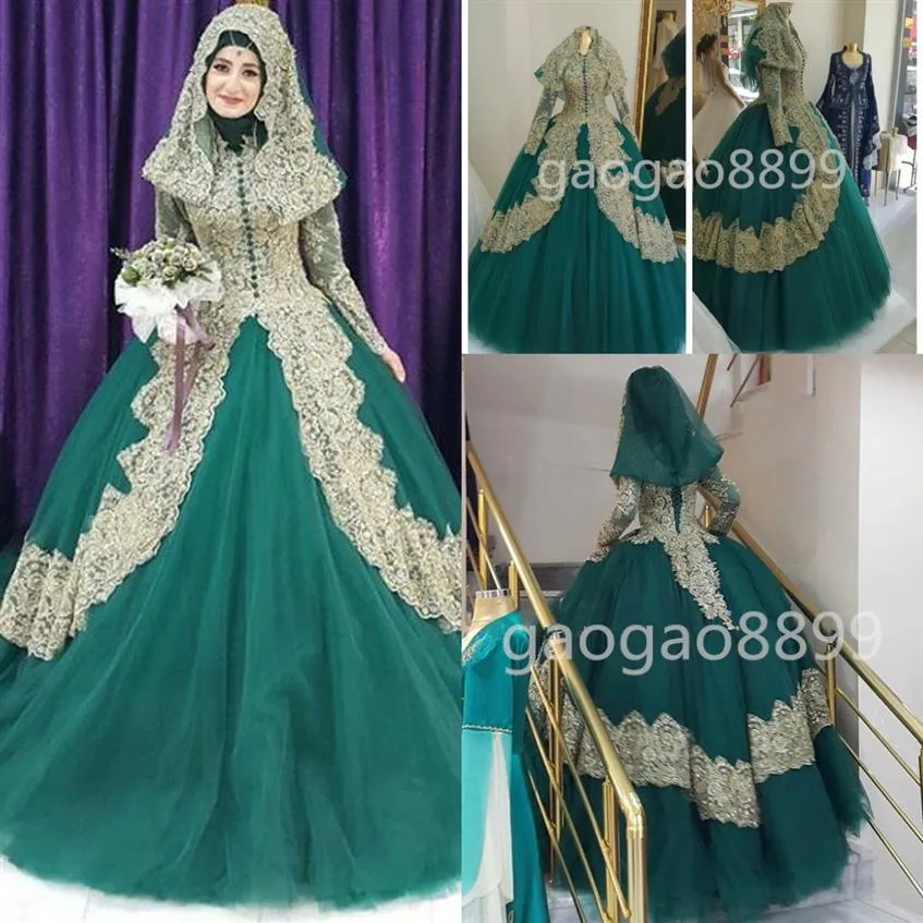 Turkiska islamiska kvinnor bröllopsklänning 2019 couture bollklänning robe de mariage guld applikation hijab dubai kaftan muslimska brudklänningar228a