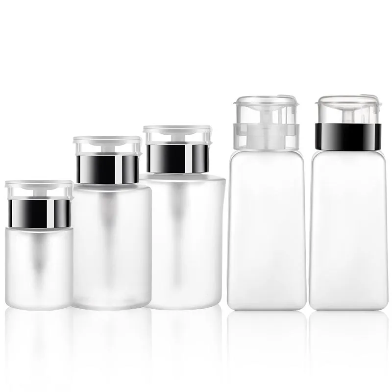 Transparenta tomma plaströr pressa flaskan kosmetisk vatten stor förvaring container press för polska remover vätska desinfektionsvätskeburk (60 ml/180 ml/250 ml)