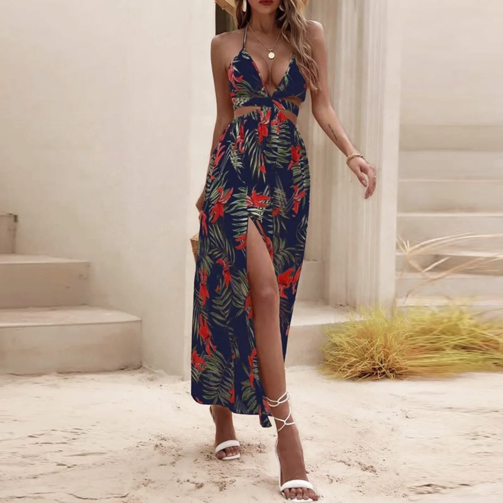 Grundläggande casual klänningar mode kvinnors boheme blommor tryck stropplös ärmlös sexig semester strandfest sy midi klänning sundress vestidos#g3 230720