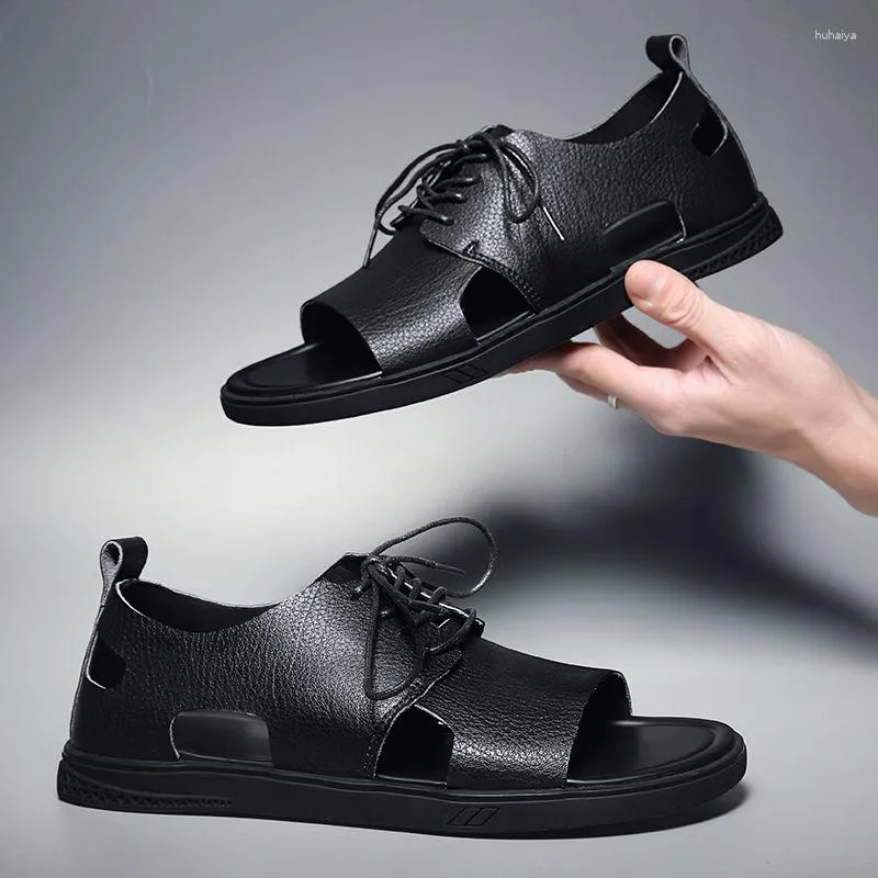 Sandalen Mannen Echt Leer 2023 Zomer Mannelijke Mode Lace-Up Strand Schoenen Bochin Rome Casual Sandalias Mannen sapatos Para