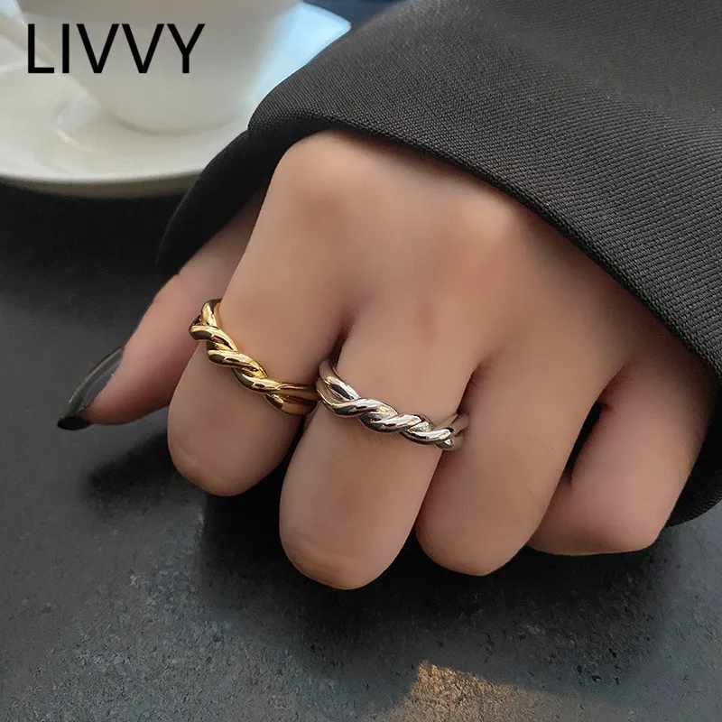 LIVVY Anello da dito regolabile in tessuto intrecciato con geometria color argento per gioielli temperamento raffinatezza moda donna