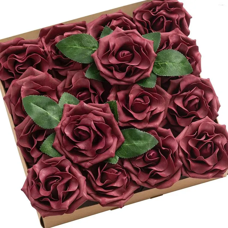 Dekoratif çiçekler d-yevil yapay bordo çığ gül 16pcs 3.5 "DIY düğün centerpieces için gövdeli sahte güller düzenleme buket