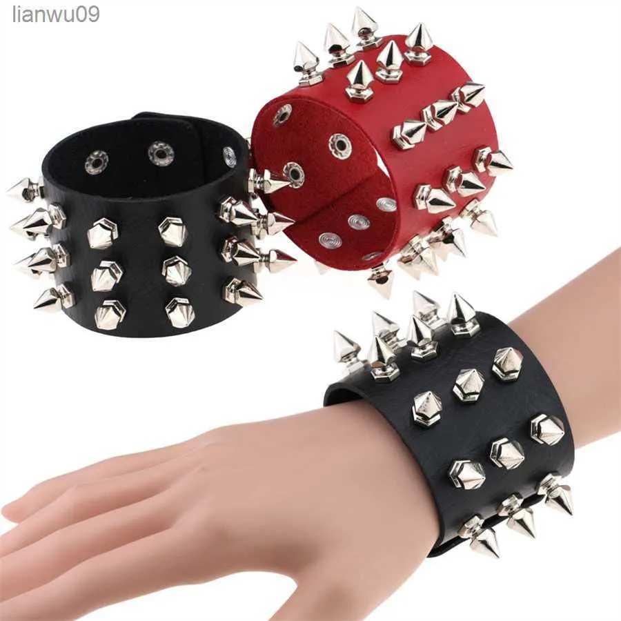 New Black Leather Wristband Bracelet Cuff Goth Gothic Punk Bracelets Women Men Spikes Rivet Stud Bangle Rock Unisex Jewelry gift L230704