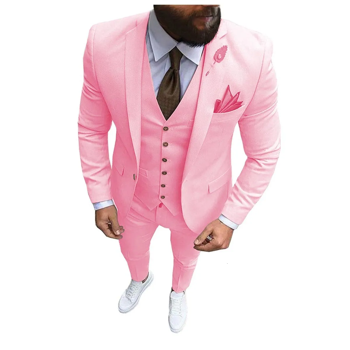 Men's Suits Blazers Pink 3 Pieces Suit Formal Business Notch Lapel Slim Fit Tuxedo Man Blazer For WeddingBlazerVestPants 230720