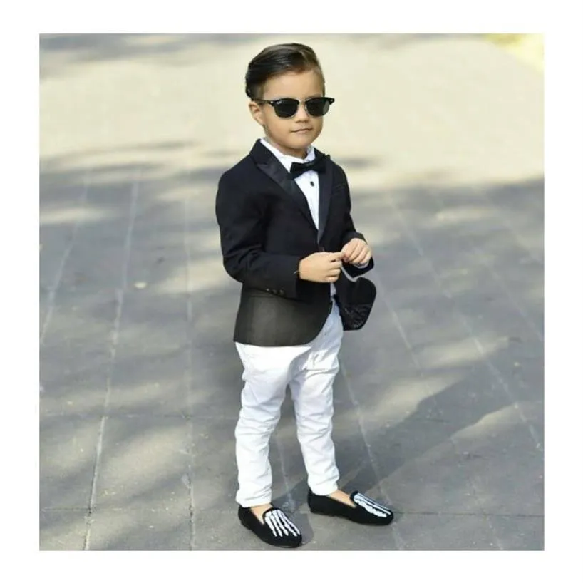 Black Boy's Suits Kids Formal Wear Slim Peaked Lapel One Button Fit Boy's Tuxedo Suit Set Jacket Pants Bow3270