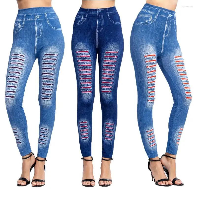 Leggings femme mode Faux Denim Jean Skinny jegging pantalon taille haute femme imprimé cheville longueur Slim Legging Fitness grande taille