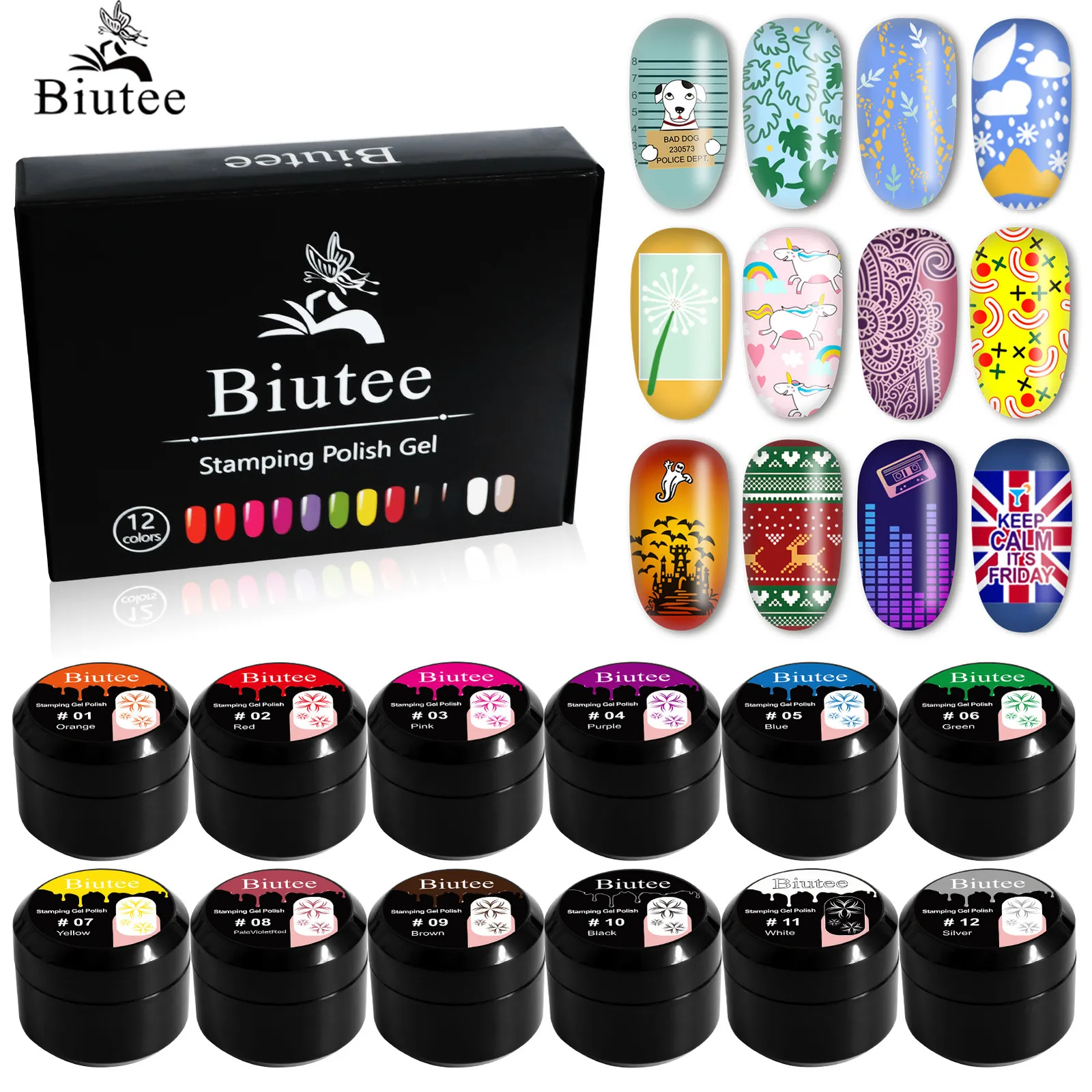 Гель гвозди Biutee 12color 8ml -штамповка Польская белая черная печать.