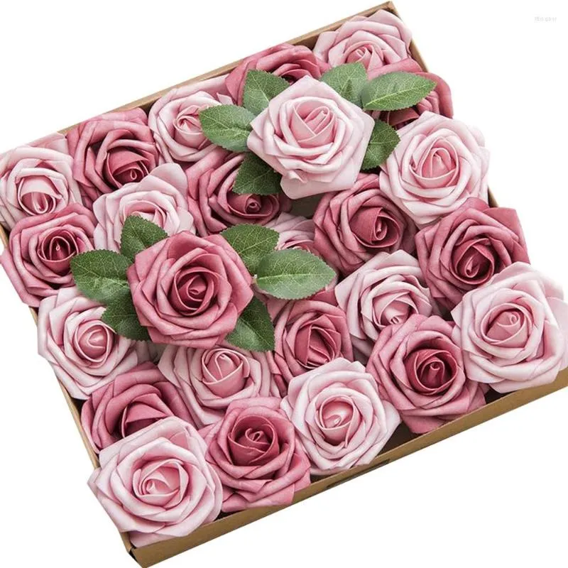 Dekorativa blommor D-sju 25st/50st Artificial Flower Cinnamon Rose Shabby Pink Foam med stam för DIY Bouquet Wedding Centerpieces