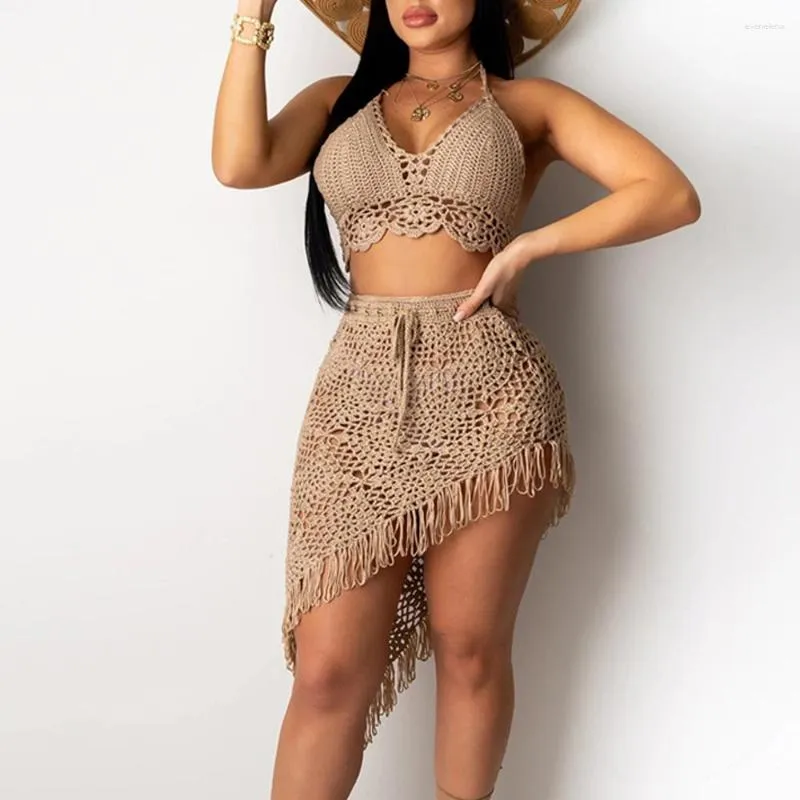 Work Dresses Women Irregular Crochet Two Piece Skirt Cover Up Summer Knitted Sexy Bandage Hollow Out Perspective Swimsuit SC009