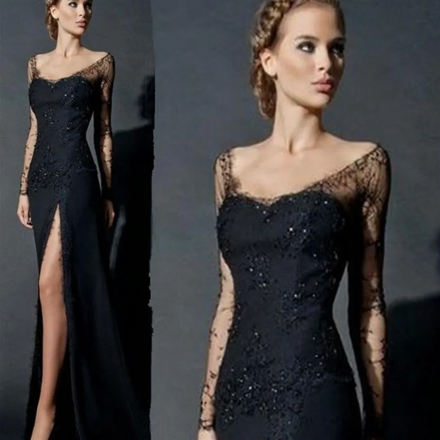 Sexy côté fente manches longues dentelle robe de soirée femmes noires en mousseline de soie formelle dentelle robes de soirée Chine robe de soirée abendkleider258e