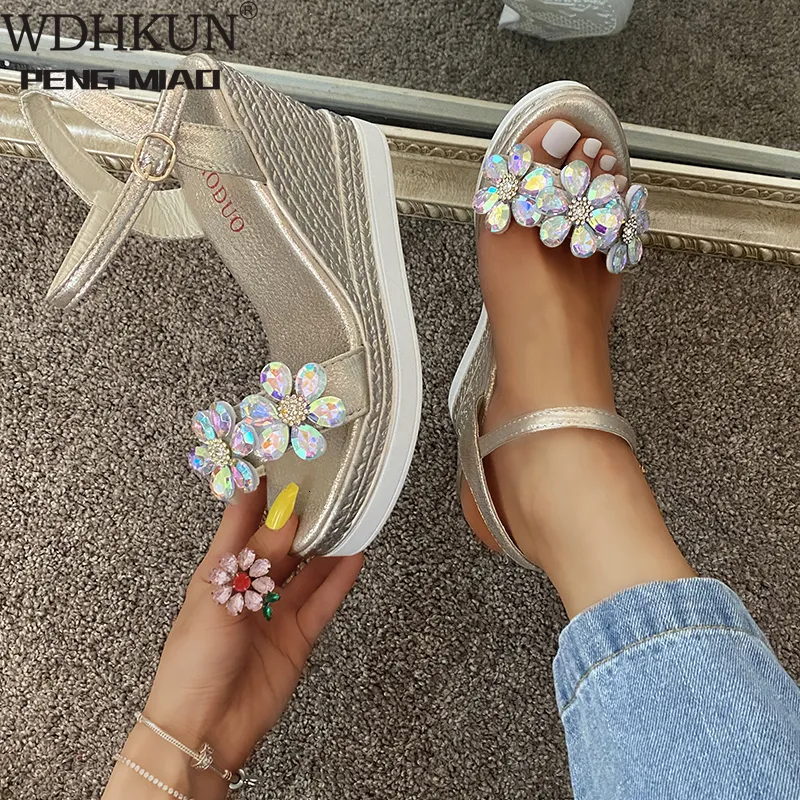 Sandals Female Fashion Flower Open Toe Sandals Dress Silver Sandals Women Wedges Platform Party Shoes Woman 230719