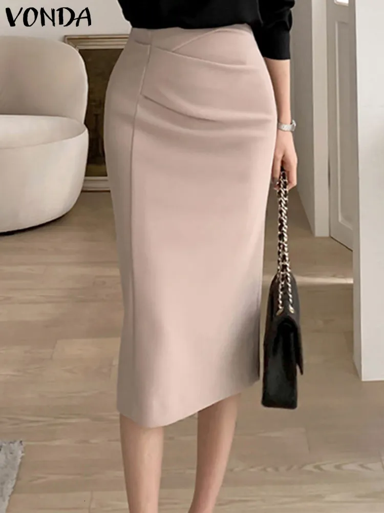 Jupe été plissé Sexy jupes 2023 VONDA couleur unie longue taille haute décontracté Streetwear élégant fête Midi bas Femme 230720