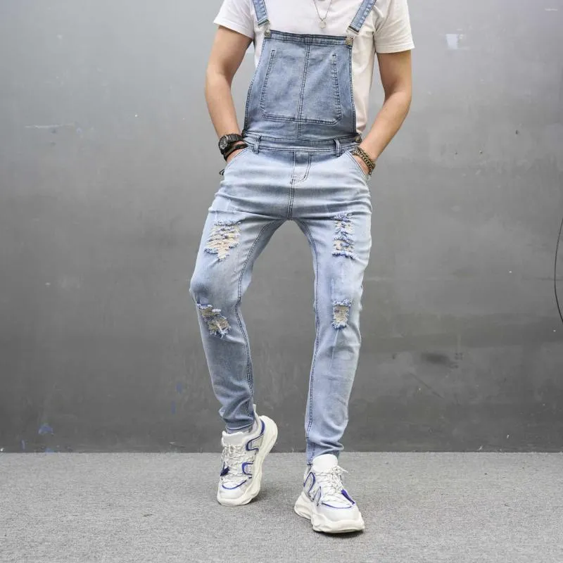 Männer Jeans 2023 Herren Overalls Slim Löcher Riemen Denim Hosen Teenager Streetwear Overall Große Größe Strampler