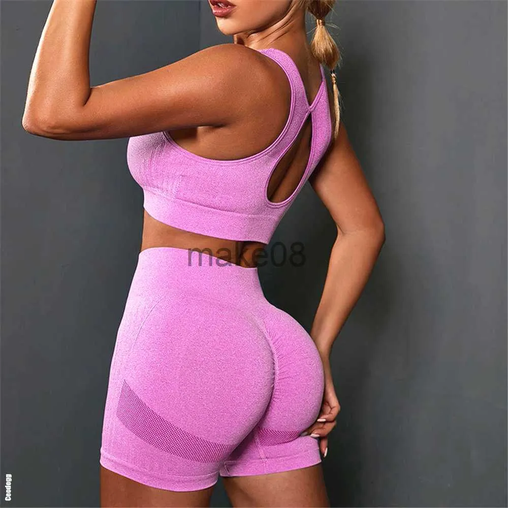 Women's Tracksuits Seamless Scrunch Yoga Set Women 2Pcs Two Piece Gym Set Crop Top Bra Shorts Zipper Sport suit Workout Outfit Fitness Wear Clothes J230720