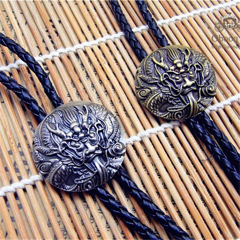 Bolo Ties Bolo tie Retro shirt chain Dragon's head rope leather necklace Long tie hang HKD230720