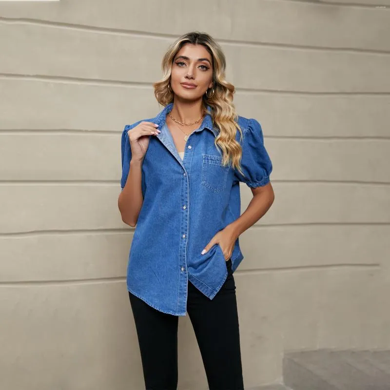 Frauen Blusen Sommer Kurzarm Dünne Denim Frau Bluse Casual Jean Europäischen Stil Hemd Camisas Frauen Tops