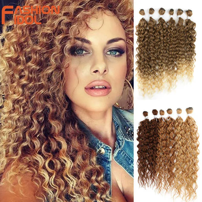 Perucas Sintéticas Afro Kinky Curly Hair Bundles Sintéticas 24-28 polegadas 6 pçs/lote Ombre Blonde Weaves para Mulheres Negras 230227