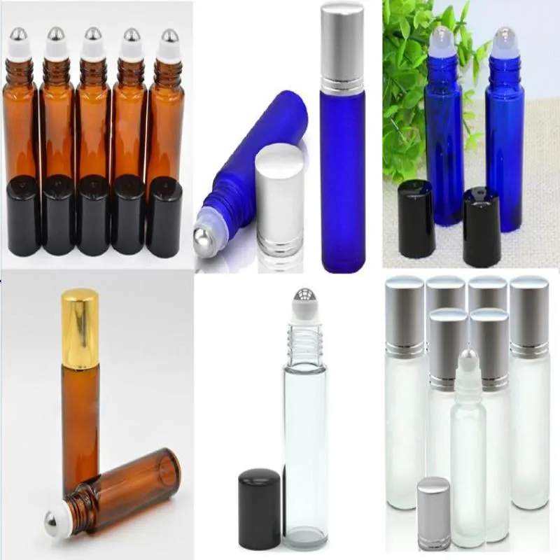 Portable 10ml Mini Roll On Glass Bottles Fragancia PERFUME Amber Blue Clear Frosted Glass Roller Bottles con Staniless Steel Ball In S Jdet